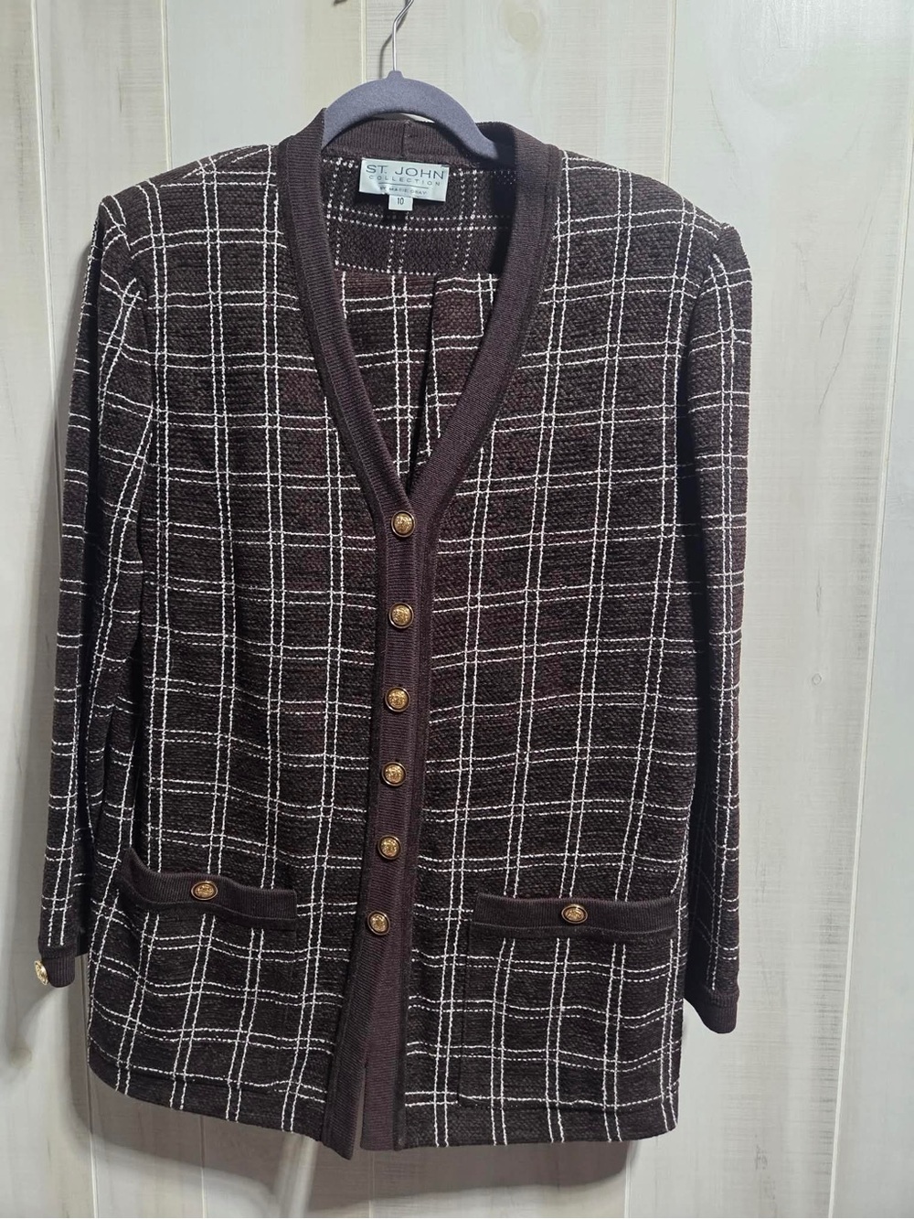St. John Brown Plaid Knit Suit with Gold Buttons